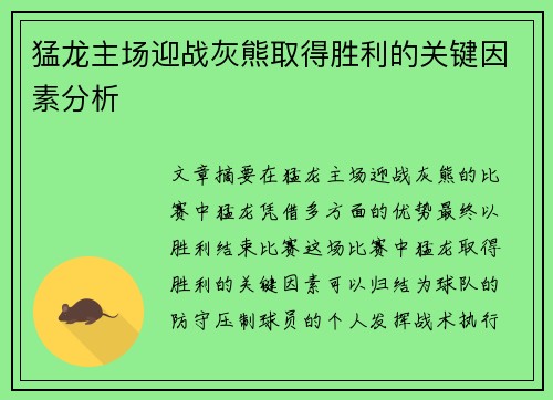 猛龙主场迎战灰熊取得胜利的关键因素分析