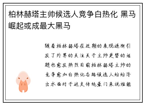 柏林赫塔主帅候选人竞争白热化 黑马崛起或成最大黑马