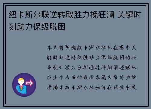 纽卡斯尔联逆转取胜力挽狂澜 关键时刻助力保级脱困